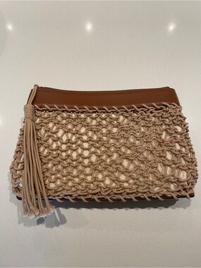 Zara Woven Tassel Clutch Bag in Tan and Brown